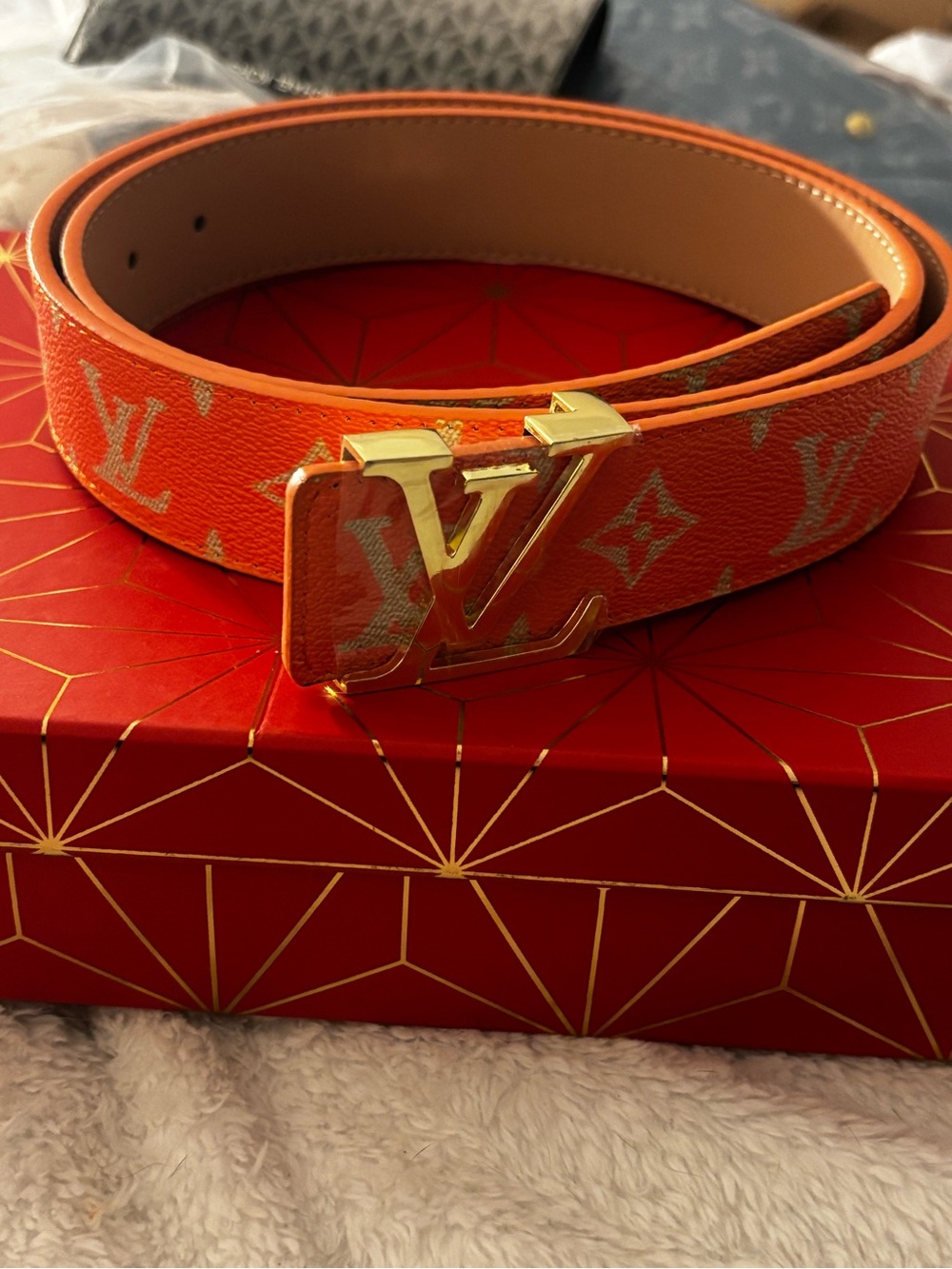 Brand New Orange Monogram LV Logo Gold Buckle Belt